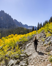 Senior woman hiking in Sawtooth Mountains on sunny day. Stanley, Idaho, USA.