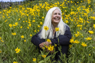 Portrait of senior blonde woman in field of Arrowleaf Balsamroot wildflowers. Sun Valley, Idaho,