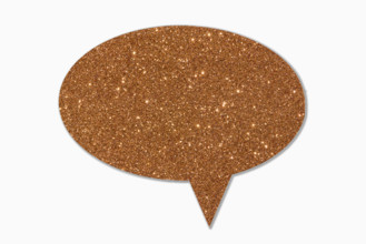 Gold sparkle thought bubble on white background. New York City, New York State, USA.