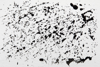 Black paint spatter on white background. New York City, New York State, USA.