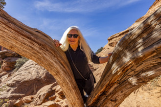 Portrait of smiling senior blonde woman between Juniper tree trunks, Zion National Park, Utah, USA.