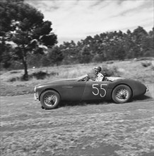 Number 55. An Austin-Healey racing car driven by Morland, competes in race number eight at the