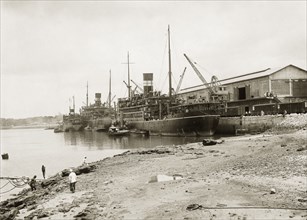 Steamers berthed at Kilindini harbour. Three near-sister cargo vessels from the British India Steam