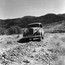 Ford Anglia. The driver of a Ford Anglia car tackles a rocky countryside road. North Kinangop,
