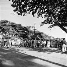 Zanzibar funeral. An all male funeral procession dressed predominantly in white, makes its way