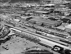 Nairobi railway station and workshops. An aerial photograph from the publicity department of the