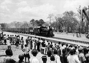 People greet the first train to Nachingwea. A publicity photograph from the East African Railways