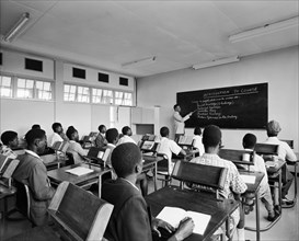 Class in a railway training school. A publicity photograph from the East African Railways and