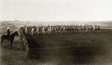 Practice cavalry charge. British men from an Indian Army cavalry unit perform a practice charge