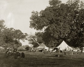 Early morning at a hunting camp. An early morning scene at the campsite of a hunting party. Indian