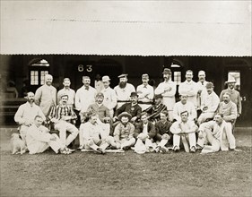 Bombay cricket teams. Players from two Bombay cricket teams line up for a group portrait outside a