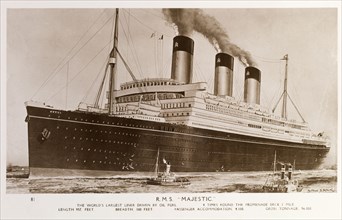 RMS Majestic. Photographic postcard of the RMS Majestic sailing on the open sea. The luxury liner