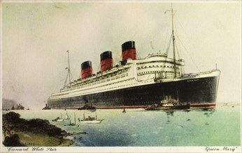 RMS Queen Mary. Postcard of a drawing that depicts the RMS Queen Mary pulling away from a harbour.
