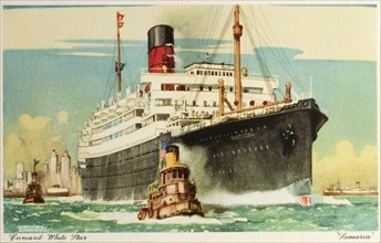 RMS Samaria leaves New York. Postcard of a drawing by Kenneth Shoesmith that depicts the RMS