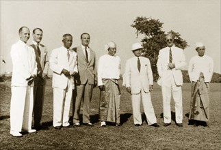 Rangoon Golf Club council. Outdoors group portrait of members on the Rangoon Golf Club council.