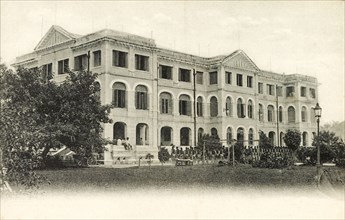 Government House in Lagos. Exterior view of the facade of a grand, three-storey government building