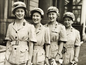 A British Red Cross team bound for Kenya. Four women in the British Red Cross line up for a group