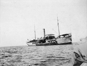 SS Clement Hill at Bukakata. Railway steamer ferry SS Clement Hill sailing near Bukakata on Lake