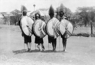 Nandi film extras. Four Nandi warriors recruited as film extras for the 1930 film 'Africa Speaks'.