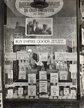 Empire goods from home and overseas. Signs in a shop window advertise a variety of Australian food