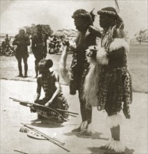 Three Zulu chiefs. Three Zulu chiefs dressed in ceremonial costume made from cheetah fur, gather