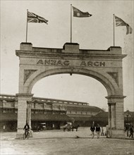 The ANZAC arch, Adelaide. Australian and union jack flags fly high above the ANZAC arch. Erected in