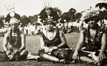 Samoans at a 'meke' dance. Samoan men in traditional costume at a 'meke' in Albert Park. They wear
