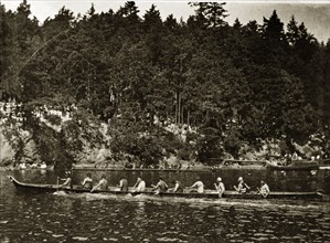 Indian racing canoes. Indian racing canoes on a Canadian river. Victoria, Canada, 21 June-4 July