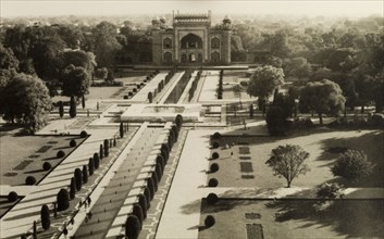 Gardens and gateway of the Taj Mahal. View of the formal 'charbagh' gardens at the Taj Mahal,