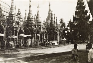 Planetary posts at the Shwe Dagon Pagoda. A number of ornate planetary posts stand at the base of