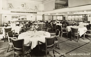 Dining saloon aboard S.S. Kenya. Interior of the first class dining saloon aboard S.S. Kenya, a