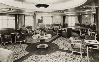 Lounge aboard S.S. Kenya. Interior of the first class lounge aboard S.S. Kenya, a passenger liner