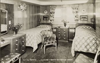 S.S. Kenya 1st class cabin. Interior of a first class two berth cabin aboard S.S. Kenya, a
