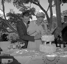 The Rowe and Jones couple cut the cake. The newlywed Rowe and Jones couple cut the cake on their