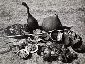 Ingredients for a Mau Mau oathing ceremony. A staged photograph of the ingredients and substances