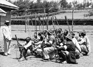 Chief Muhoya addresses the Home Guard. An official photograph of Chief Muhoya of Nyeri speaking to