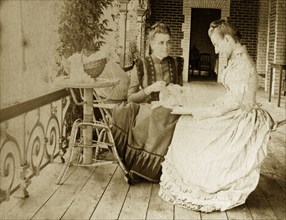 Hobbies on the veranda. Portrait of Ellen May Brodribb doing needlework on the veranda of a