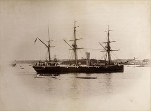 Ship off the Queensland coast. Portrait of a ship with three masts sailing off the coast of