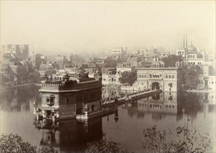 The Harimandir Sahib at Amritsar. A misty pool surrounds the Harimandir Sahib, or Golden Temple,