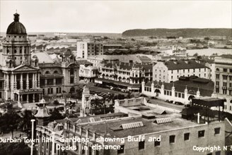 Durban town hall. View of Durban town hall and gardens looking across the city towards the bluff