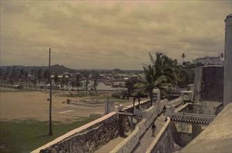 Elmina Castle and St Jago Fort. View from the walls of Elmina Castle looking towards St Jago Fort.