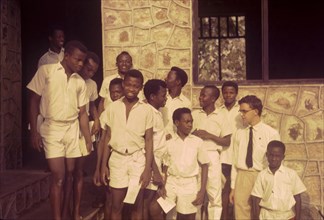 Schoolboys after a bible class. Uniformed boys from a Church of Nigeria school, pictured outside