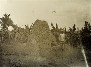 Ant hill, Uganda. A man poses for the camera next to a giant ant hill in the countryside. Uganda,