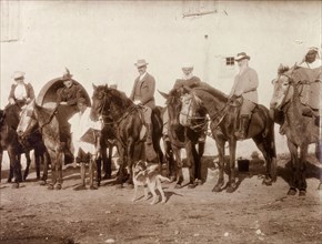 European hawking party. European men and women pose on their horses prior to setting out on a