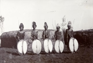 Maasai warriors. Maasai society is ordered by age groups and the five men shown here are either