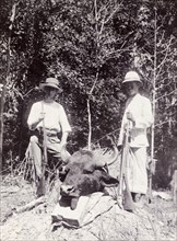 Hunting trophy, Malaysia. F. Chapman, British trigonometrical surveyor, and Wan Hussain, Siamese