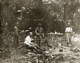 Sheffield's' jungle camp, Malaysia. Sheffield', a member of a British-led trigonometrical survey