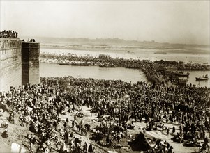 Pilgrims at the Kumbh Mela. Distant view of masses of pilgrims at the Kumbh Mela. Allahabad, United