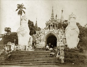 The entrance to Shwe Dagon Pagoda. The main, southern entrance to the Buddist shrine of Shwe Dagon