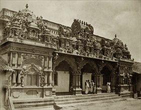 Hindu temple, Ceylon. The intricately carved stone entrance to a Hindu temple. Colombo, Ceylon (Sri